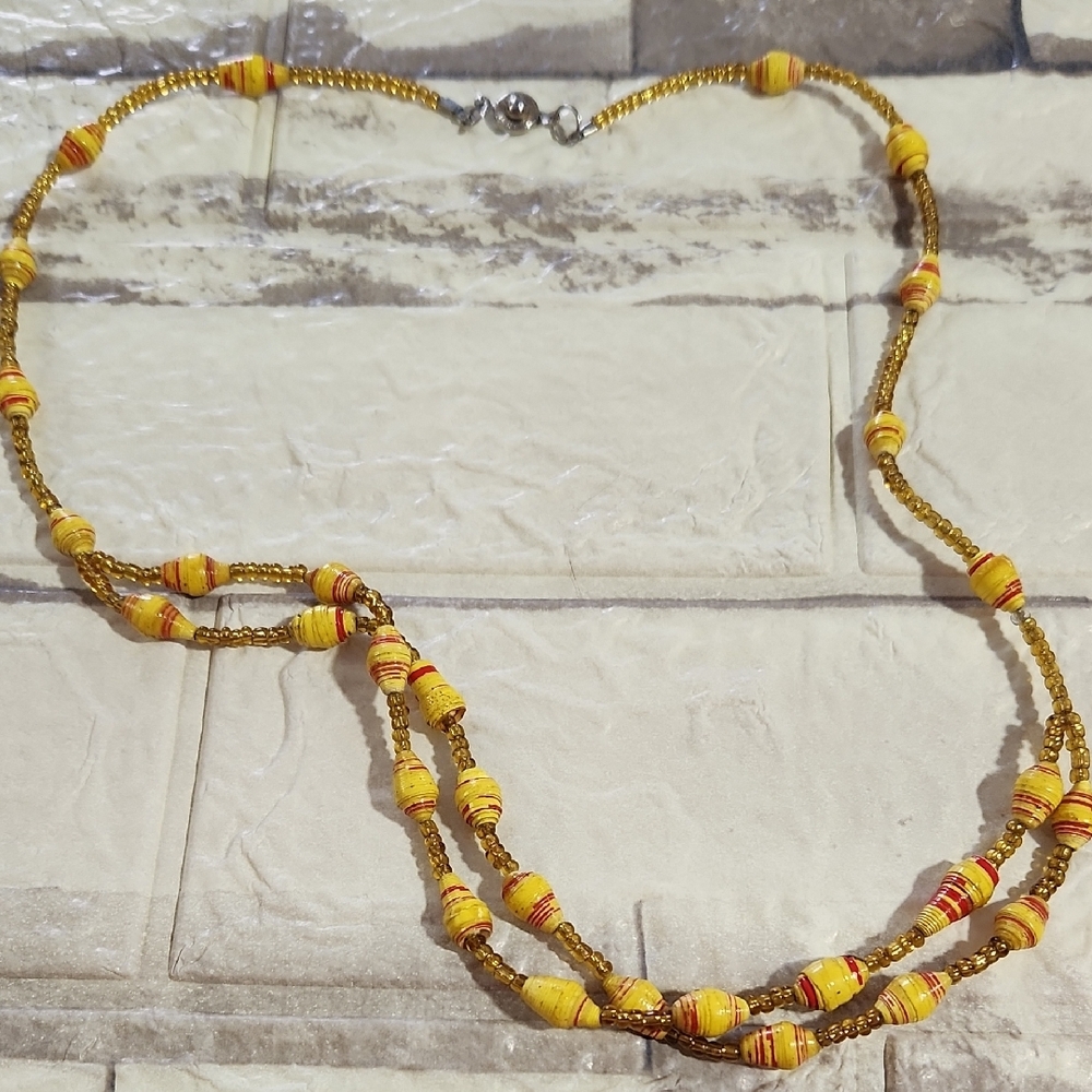 TENG YUE Signed Artisian Paper Yellow Amber Necklace with Organic Beads